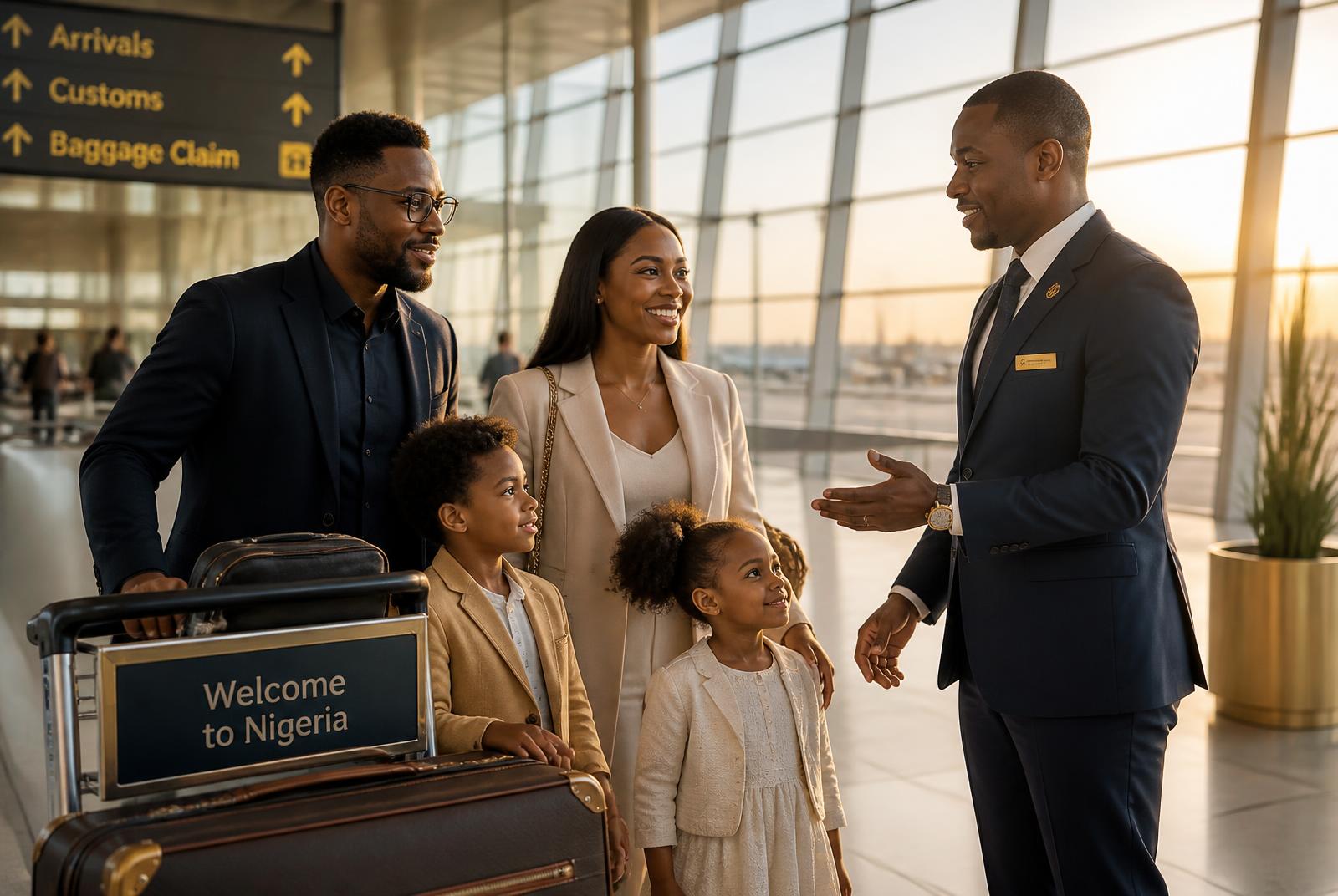 SkyPriority airport protocol officer welcoming a travelling family in an international airport terminal